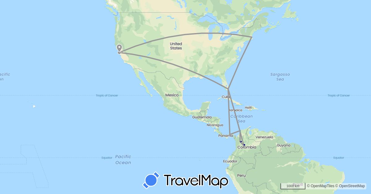 TravelMap itinerary: driving, plane, boat in Colombia, Panama, United States (North America, South America)