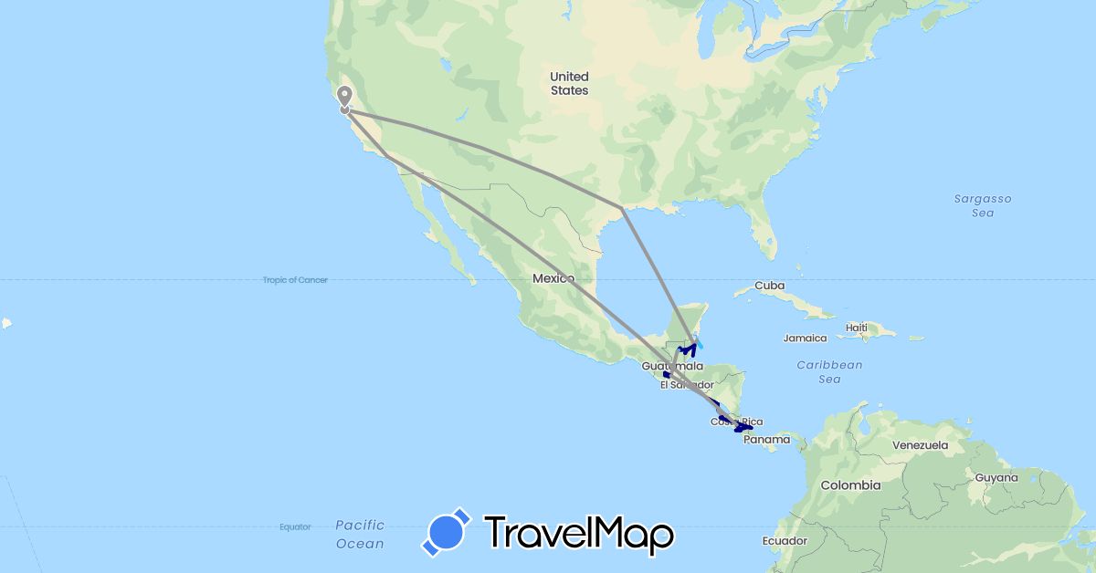 TravelMap itinerary: driving, plane, boat in Belize, Costa Rica, Guatemala, Nicaragua, United States (North America)